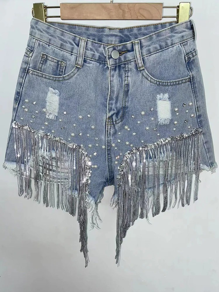 2025 Party Dance Shorts Tassel Beading Casual Jeans Women Celebrate Shiny Beads