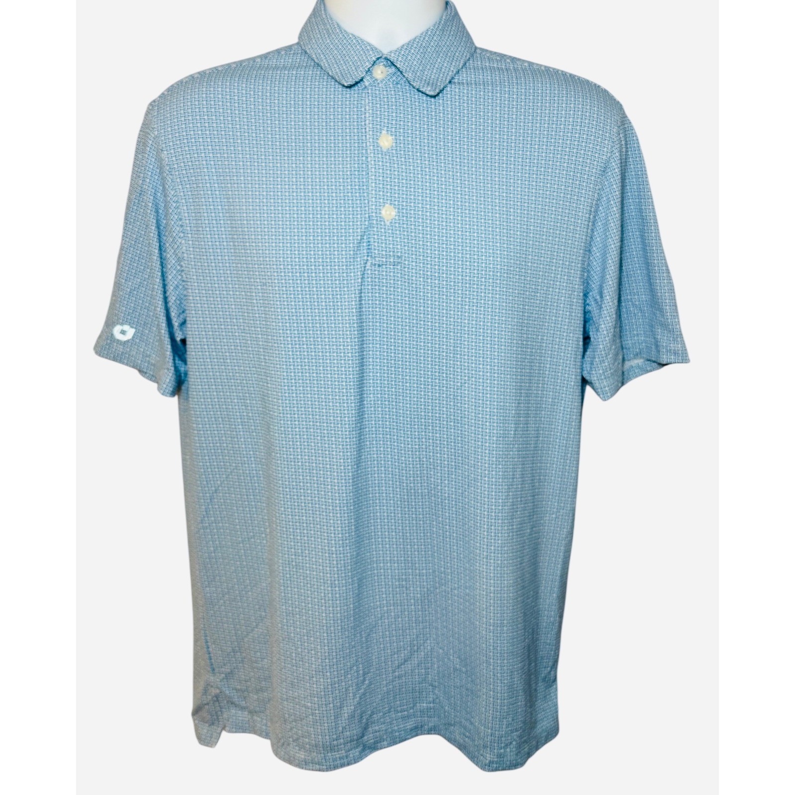 IBKUL Mens Medium Short Sleeve Polo Shirt Blue White Geometric UPF 50 Quick Dry