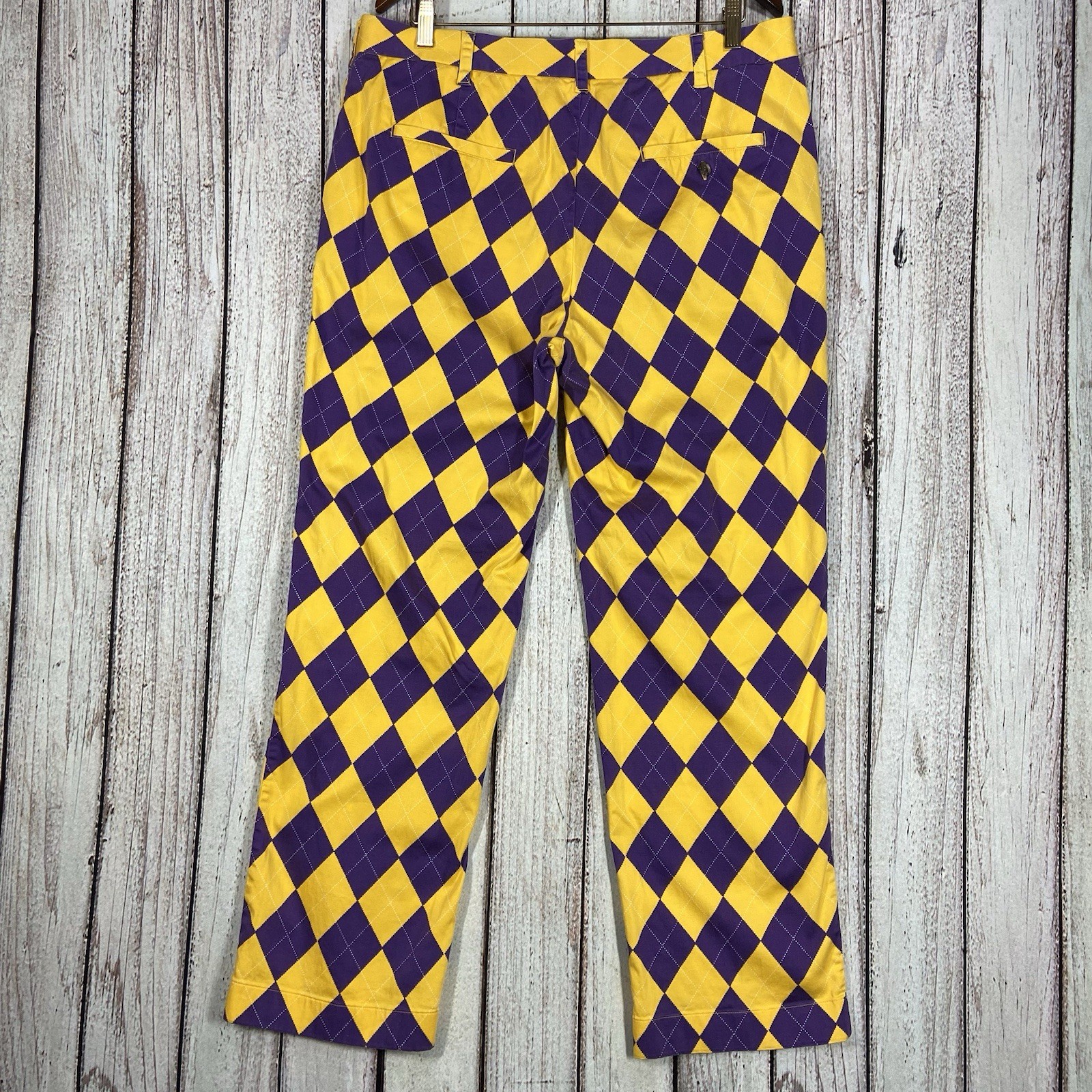 Loudmouth Pants Mens 38 X 32 Yellow Purple Golf Argyle Jester Cotton Checkered