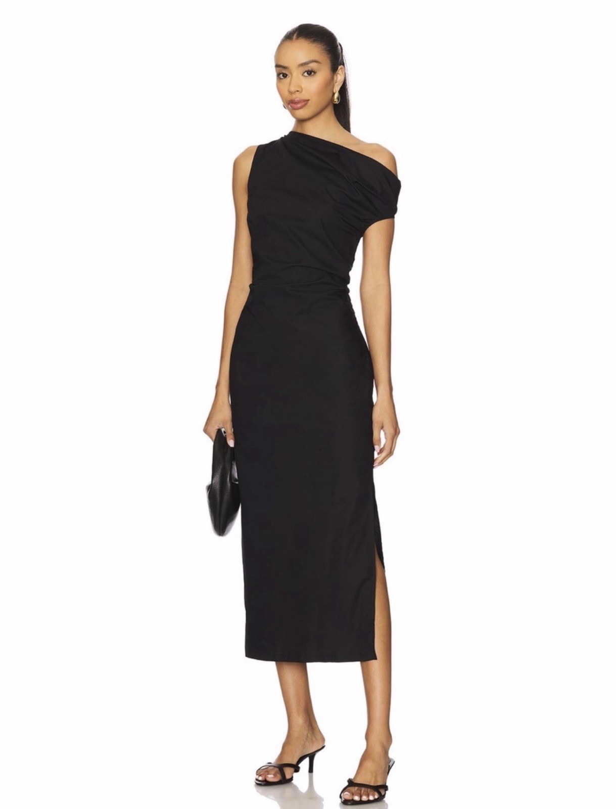 Enza Costa Revolve Black Cotton Poplin Structured Ruched Off Shoulder Midi Dress