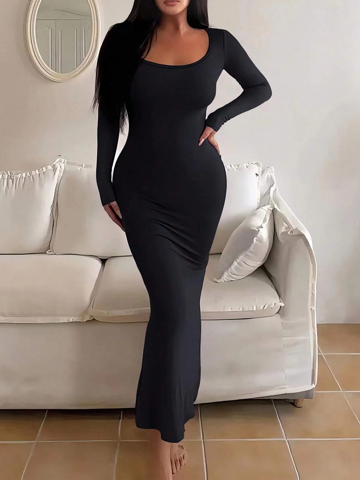 Women’s Solid Long Sleeve Bodycon Dress Scoop Neck Casual Minimalist Midi Dress