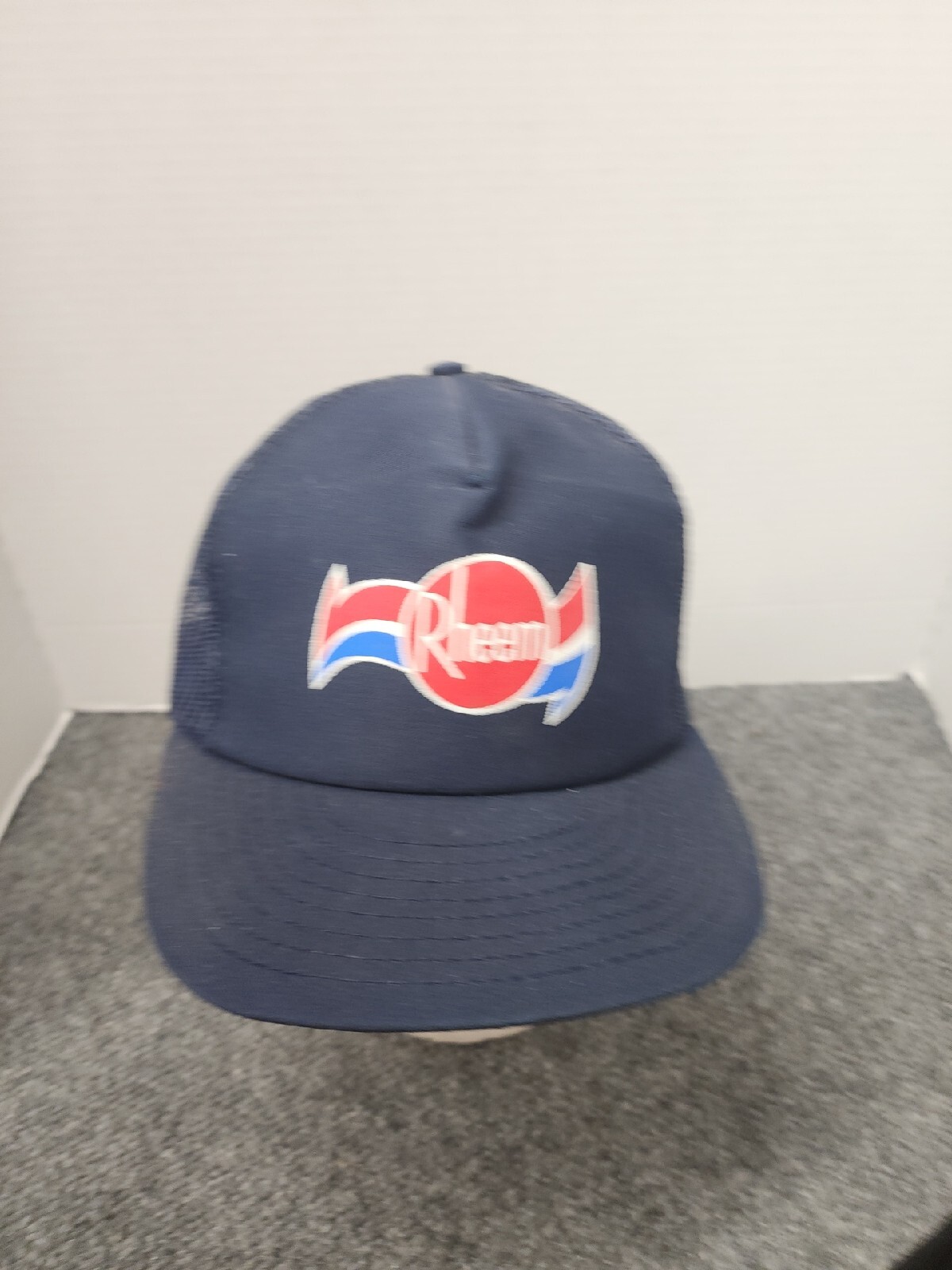Vintage Snapback Rheem Louisville Mfg Co Hat Mesh Trucker Cap Blue Made in USA