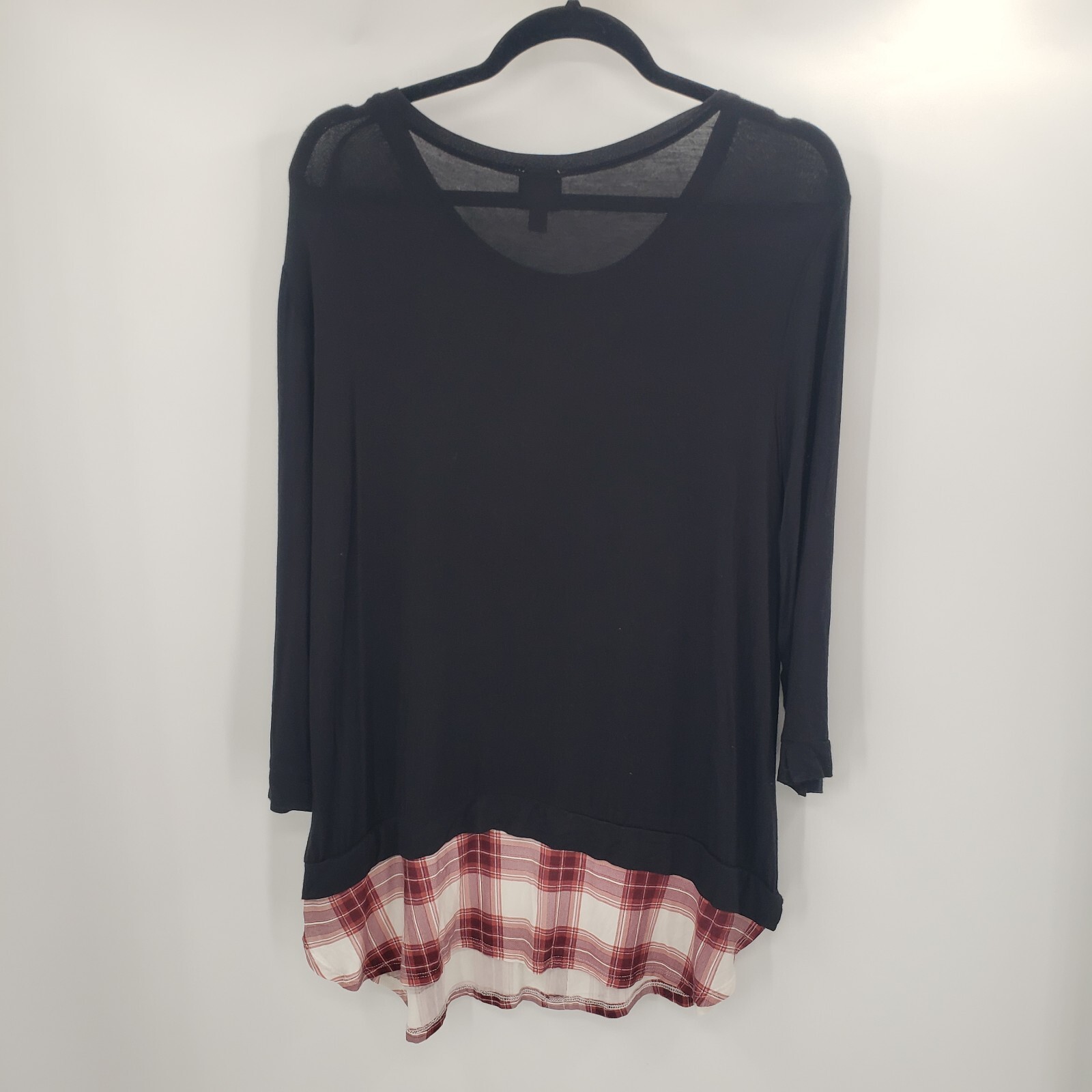 Como Vintage Knit Top Womens LARGE Black Plaid Shirt Tail Hem 3/4 Sleeve Shirt