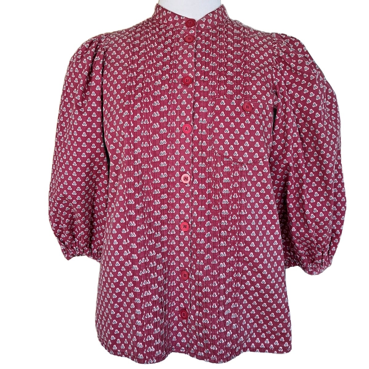 by TiMo Structured Cotton Shirt in Cranberry Floral Dots Medium Puff Sleeve