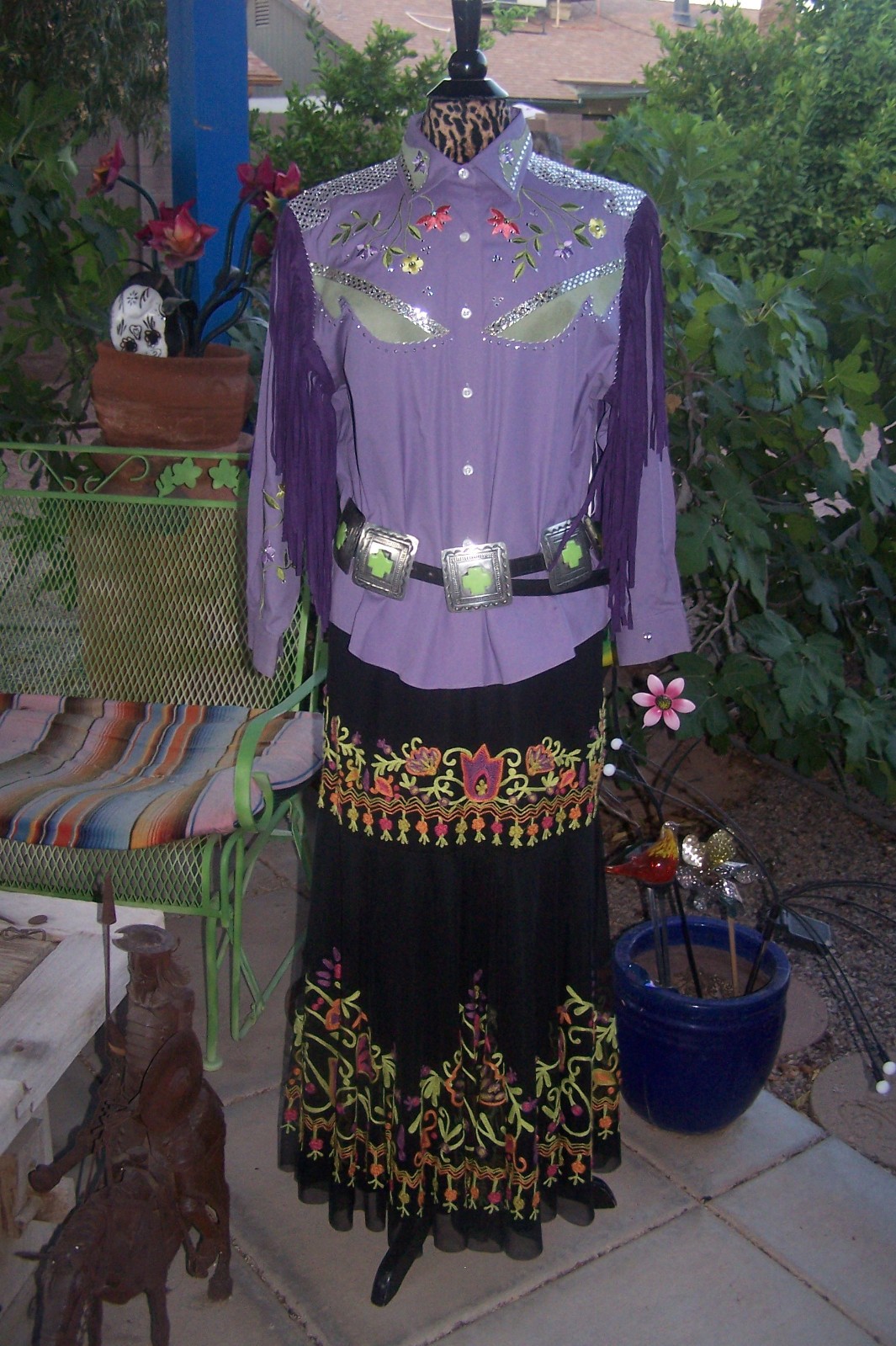 XL Western Custom Embroidered Fringe Rhinestone Cowgirl Boot Rodeo Queen Blouse