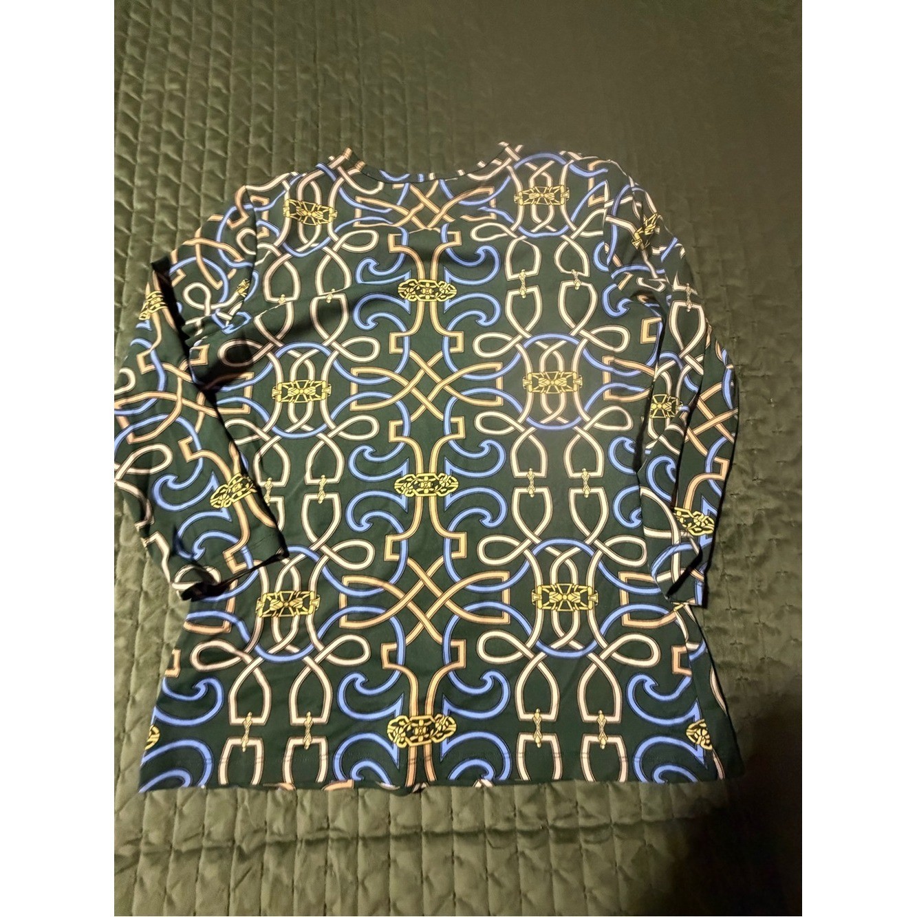 J.McLaughlin 3/4 sleeve wrinkle-resistant equestrian print green blue MED