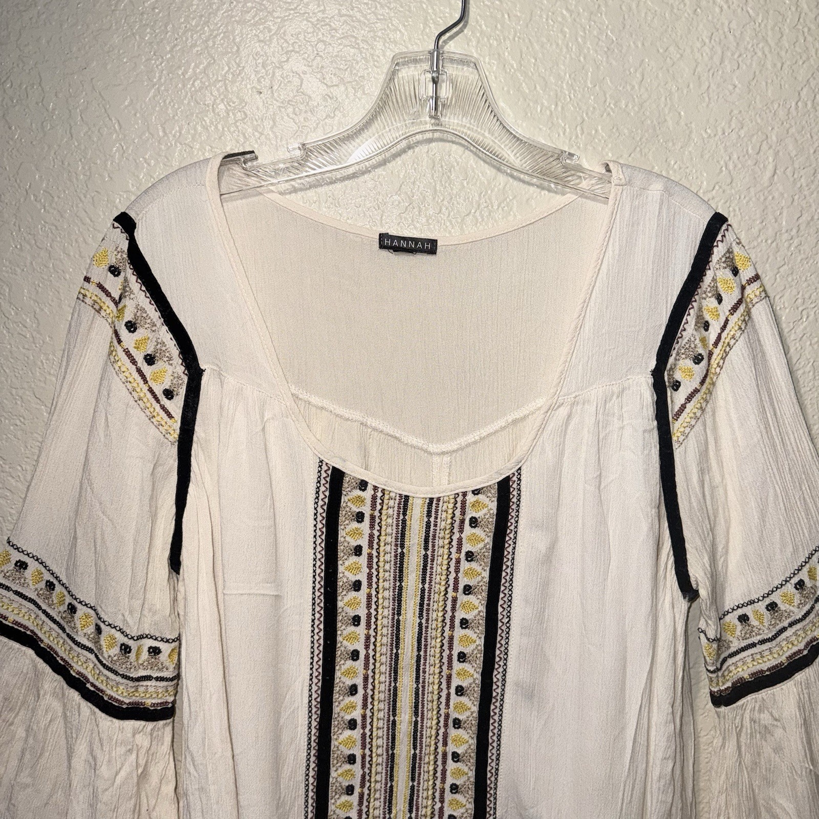 Hannah Large Boho Embroidered Bell Sleeve Peasant Blouse Cream