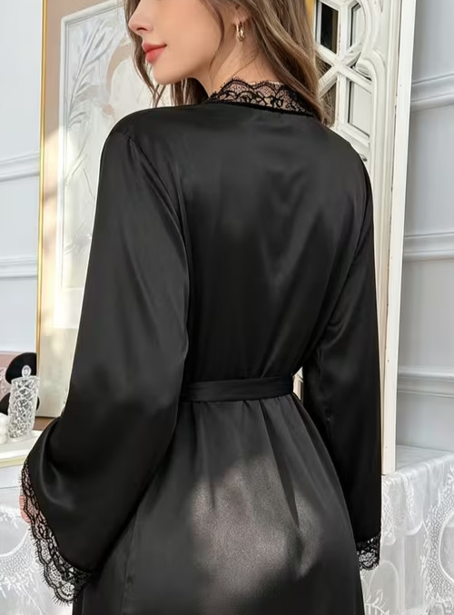 New Elegant Sexy Black Satin Long Sleeve Lace Accent Robe 4X NEW