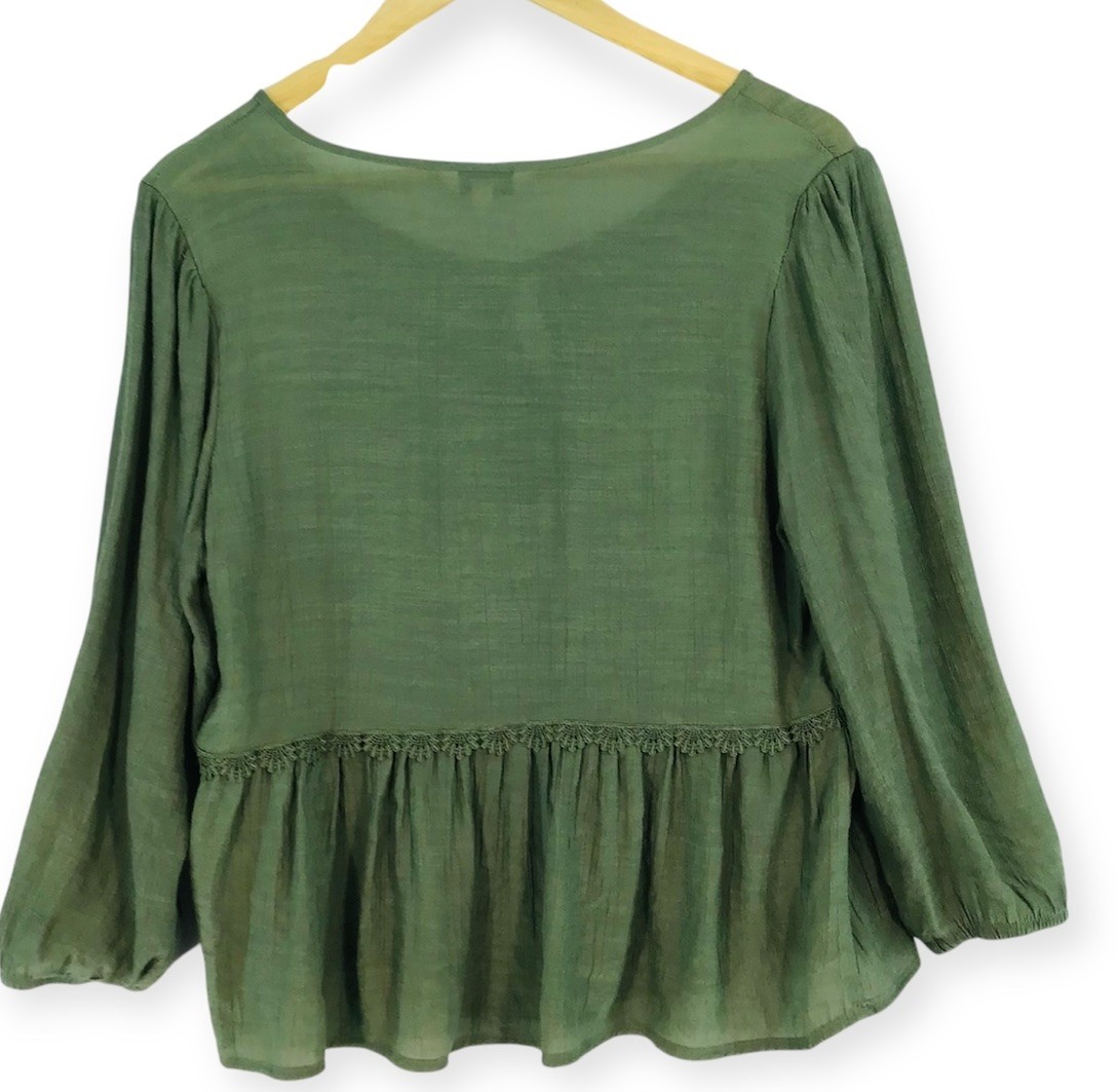 Babydoll Cottage Core Peasant Blouse Top Medium Moss Green Embroidered Lace