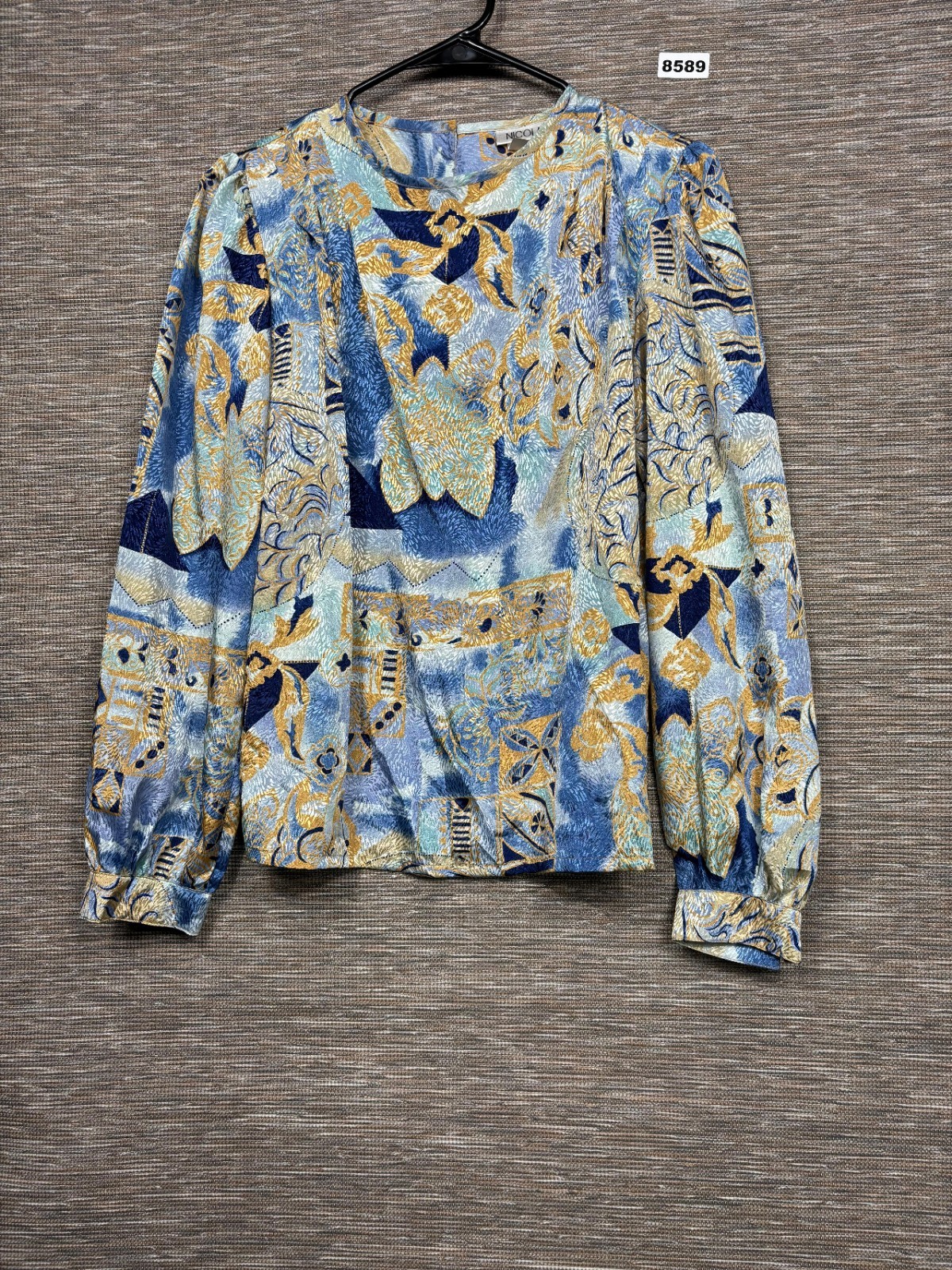 VTG Nicola Silky Floral Abstract Blouse Womens Size 10 Blue Multi Long Sleeve