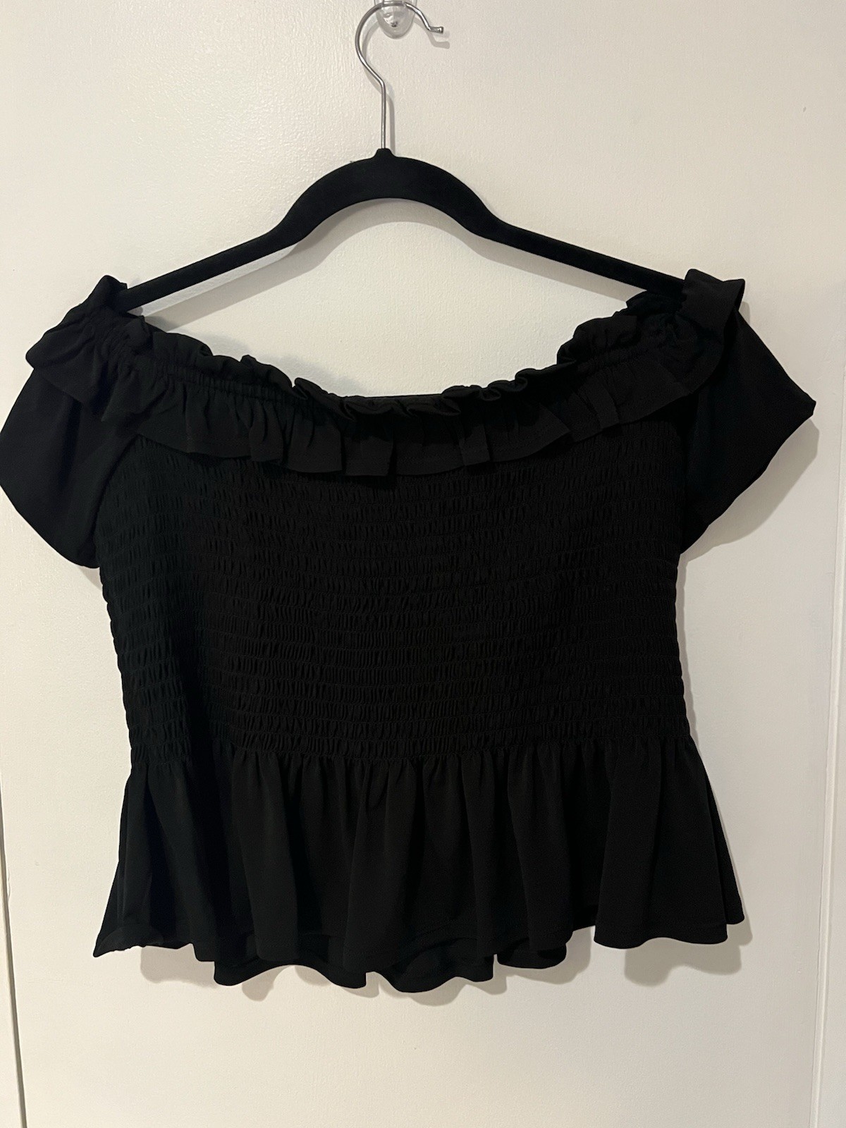NWT BCBGeneration Women’s Sz Medium Black Off The Shoulder Top Smocked Ruffle