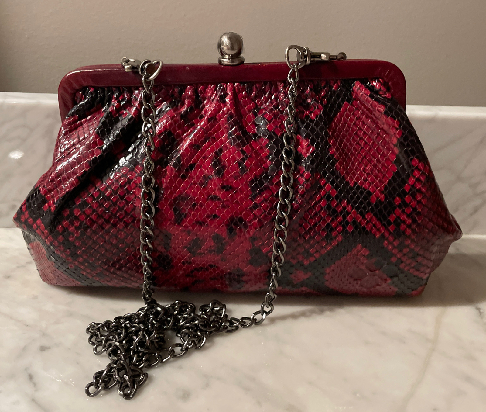 PATRICIA NASH RED & BLACK EALING LIZARD PRINT LEATHER FRAME BAG NWT $149 PURSE