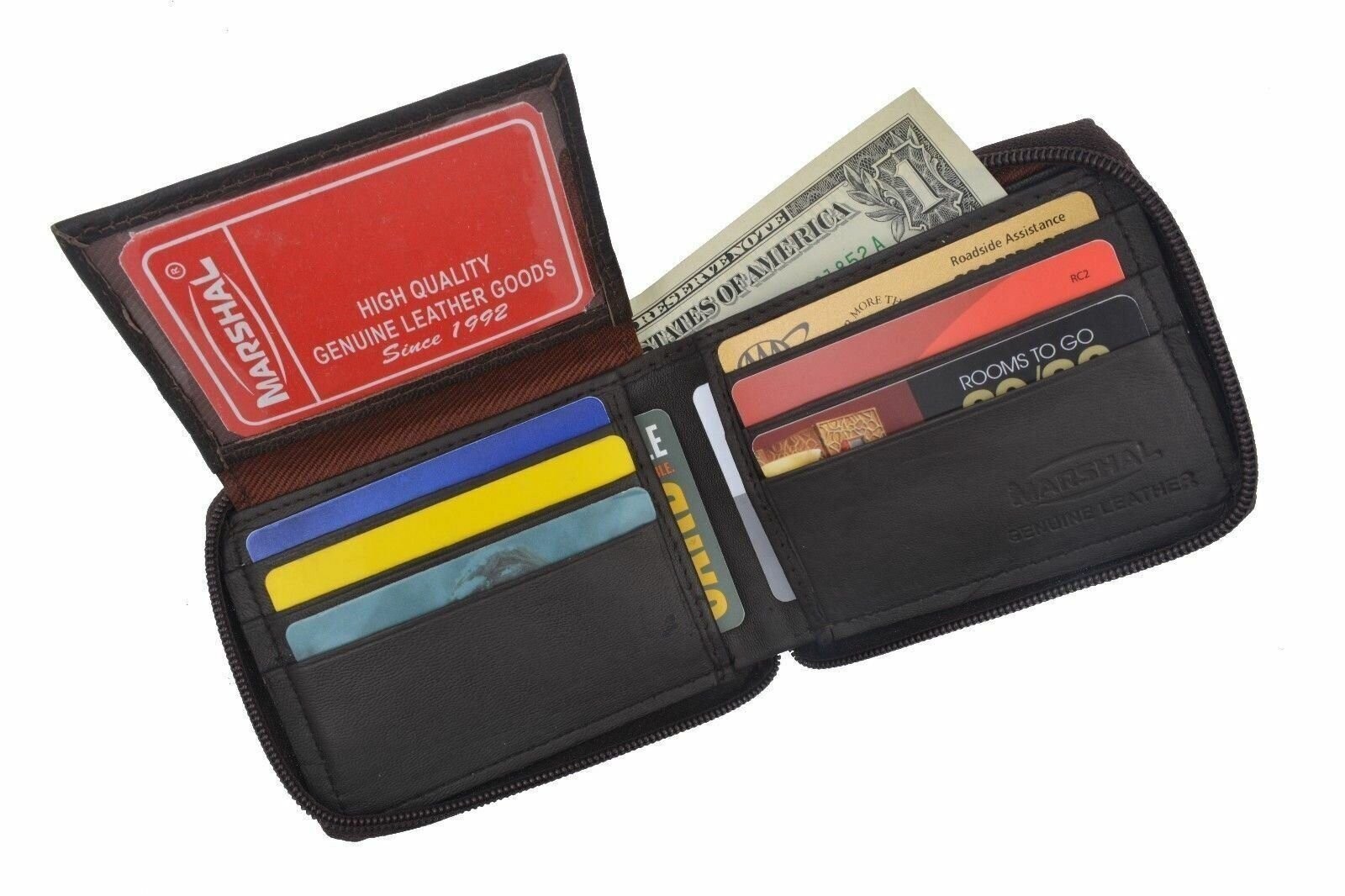Genuine Leather Men’s Zipper Zip-Around Organizer Bifold Wallet Black Brown Tan!