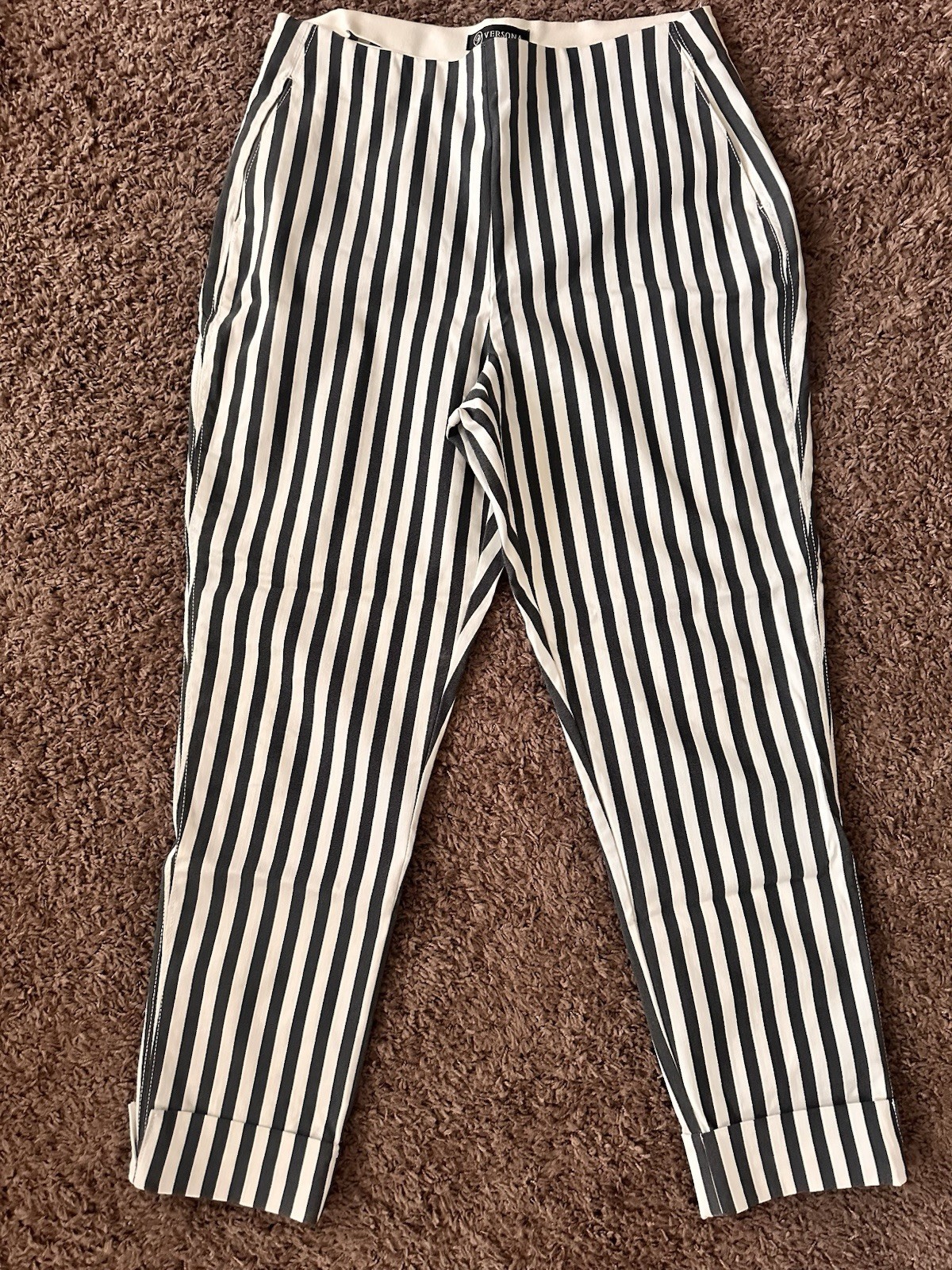Versona Women’s Dress Pants Black White Striped Rayon Nylon Spandex Flat Front