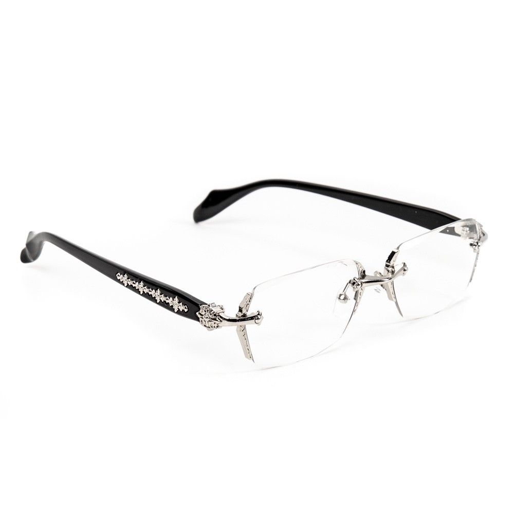 Retro Gothic Cross Style Edge Cut Rimless Clear Lens Silver Frame Eye Glasses