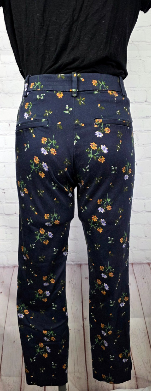 H&M Chino Pants Navy Blue Floral Slacks Stretch Side Zip Casual Career Preppy 8