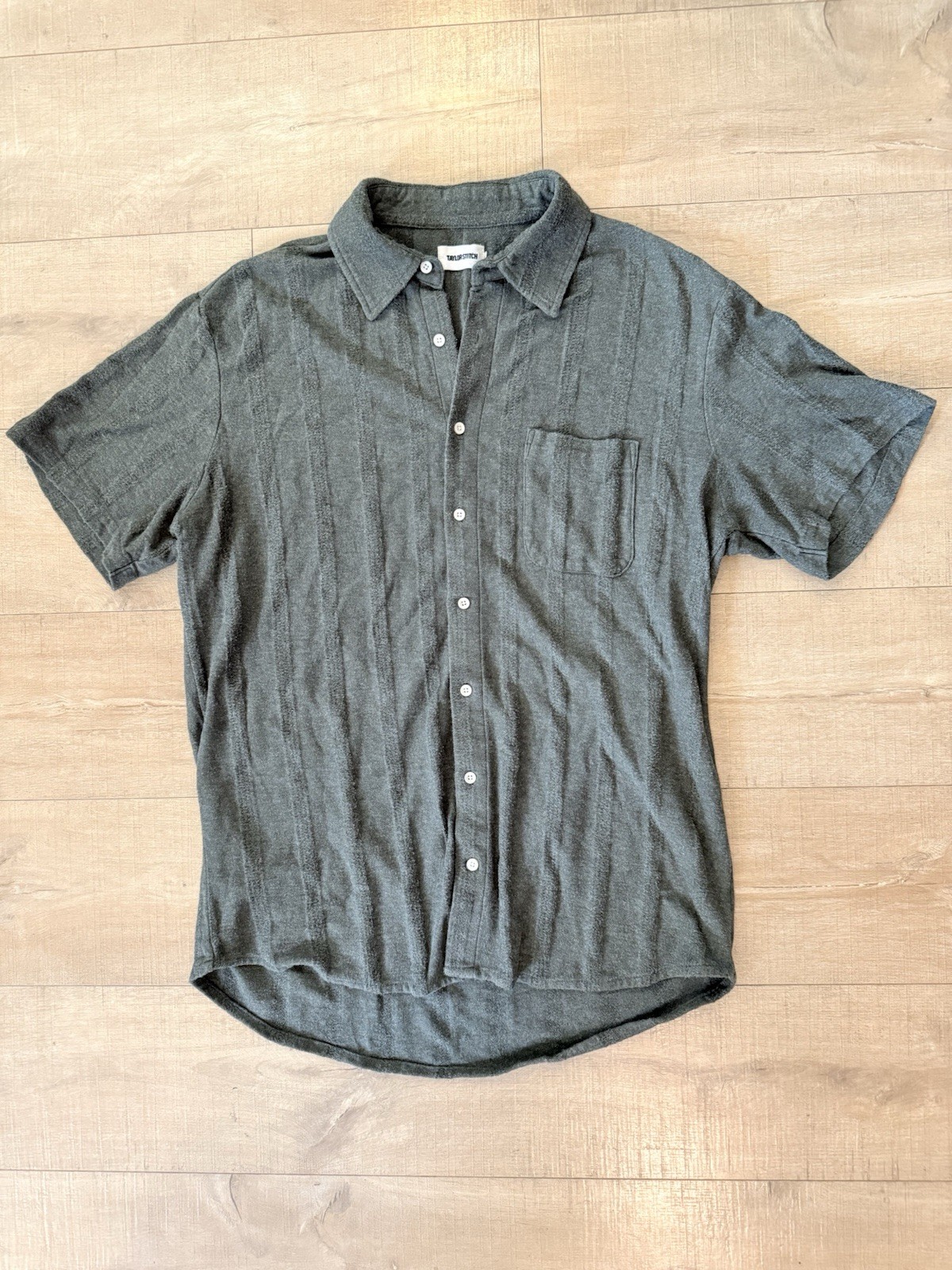Men’s Taylor Stitch The Short Sleeve California Olive Pointelle Stripe Sz 44