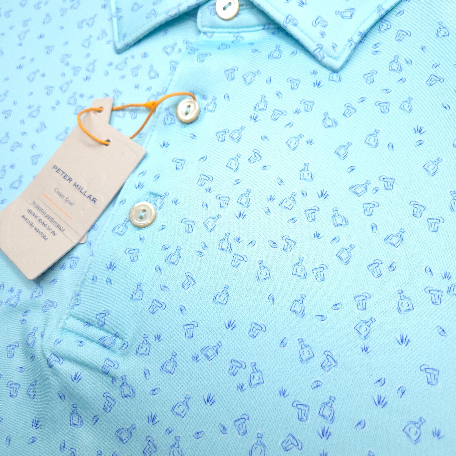 PETER MILLAR GOLF POLO SHIRT -M- AQUA BLUE WHITE COCKTAIL DOT SUMMER COMFORT