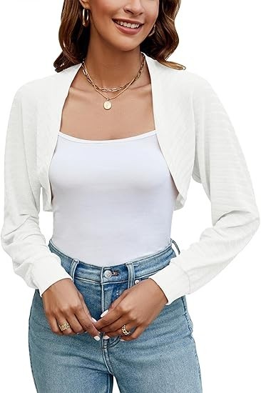 Women’s White Long Sleeve Open Front Bolero Shrug Crop Top Elegant Knit Cardi
