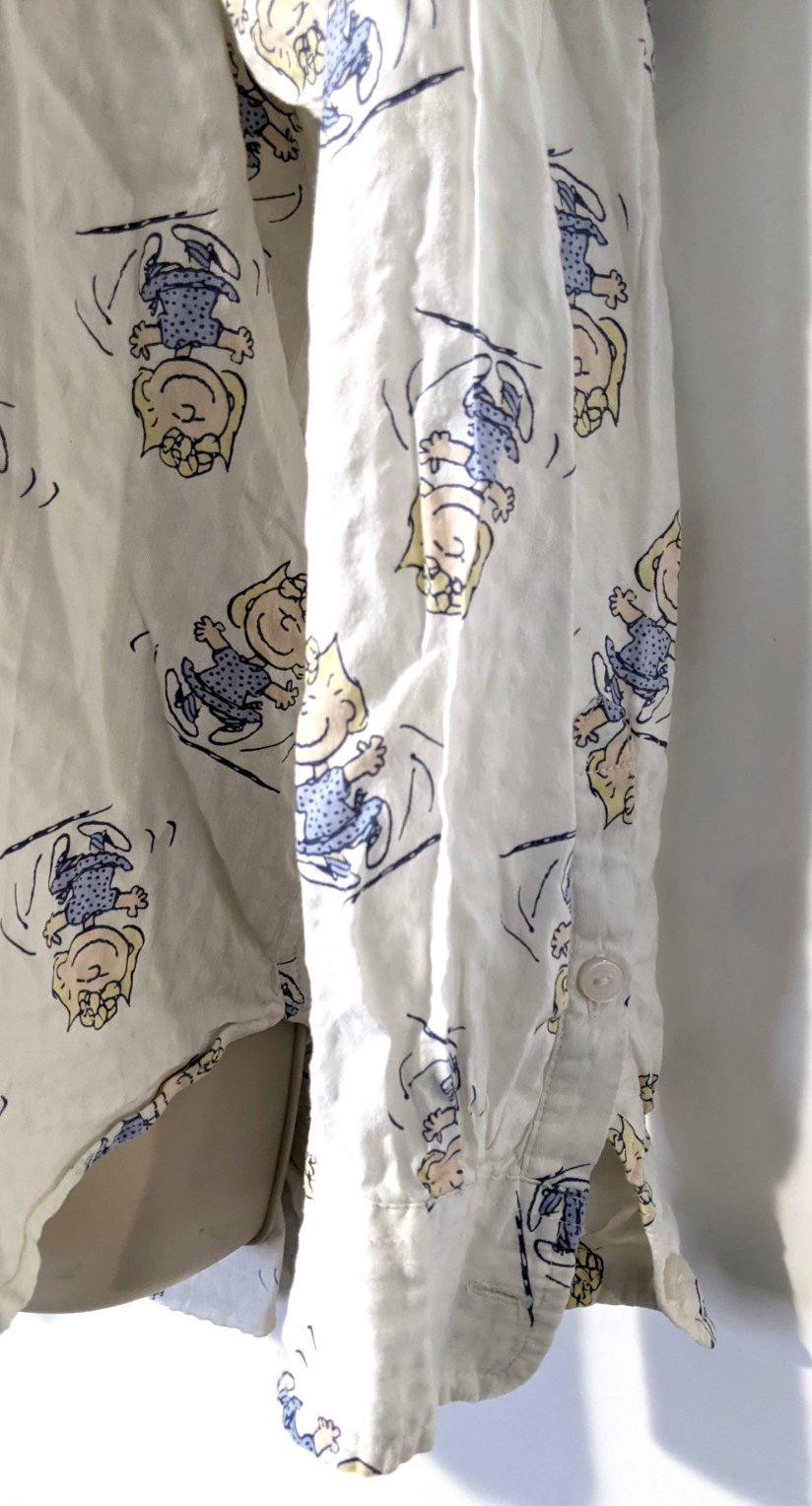 AERIE PEANUTS Sally Brown Seersucker Button Front Shirt Sz L Cotton Blend Muslin