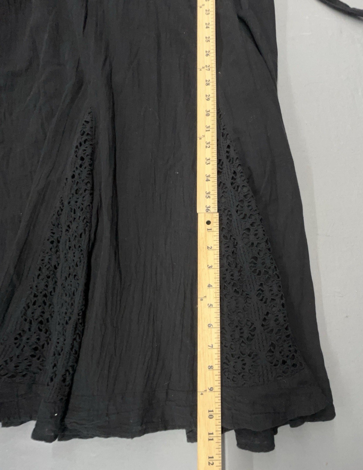 Black Cotton Dress 14/16 Crochet Belt Flare Ruffle Dark Romantic Coastal Cottage