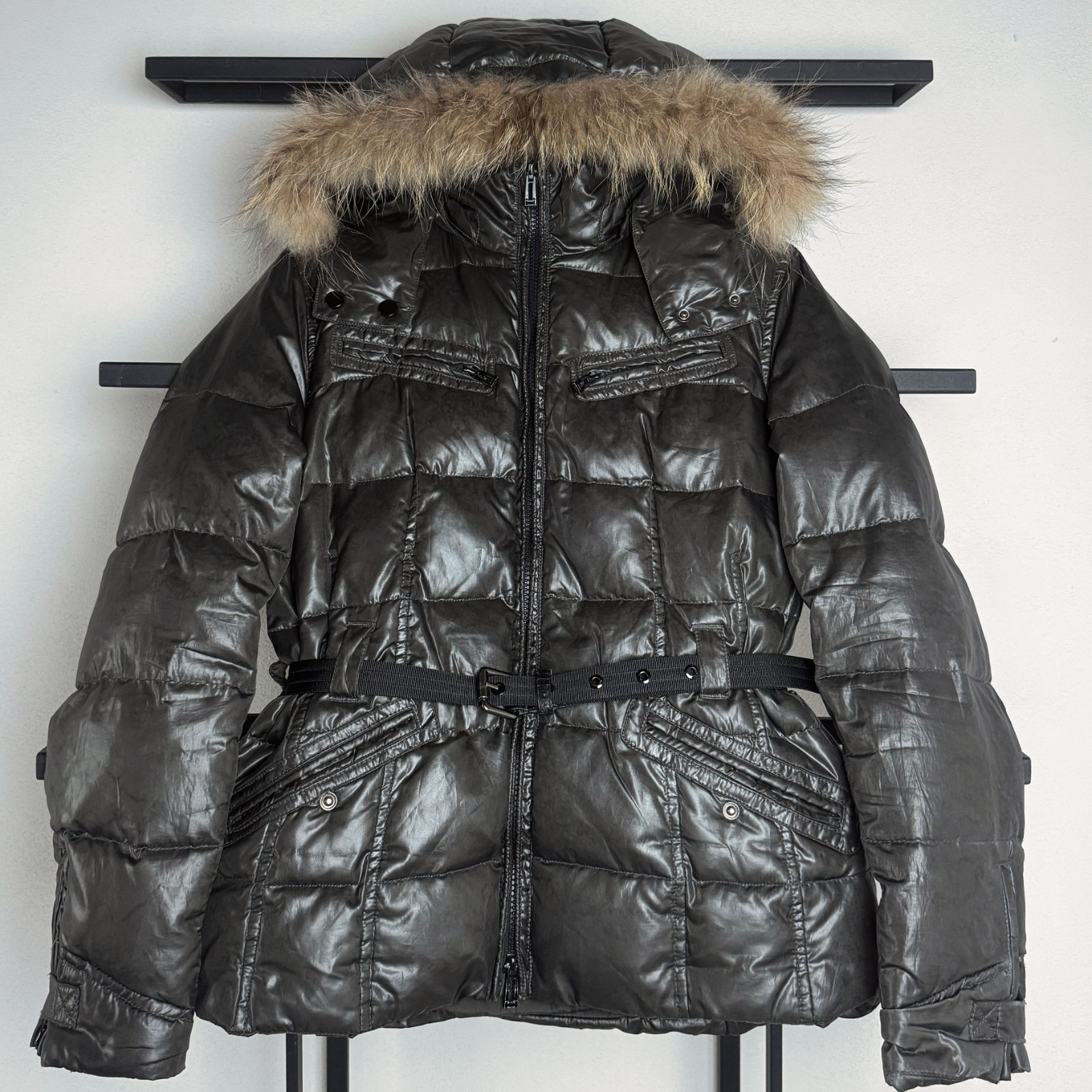 Womens Vintage Dark Green Fur Hood Puffer Jacket Belted Winter Down Style Coat