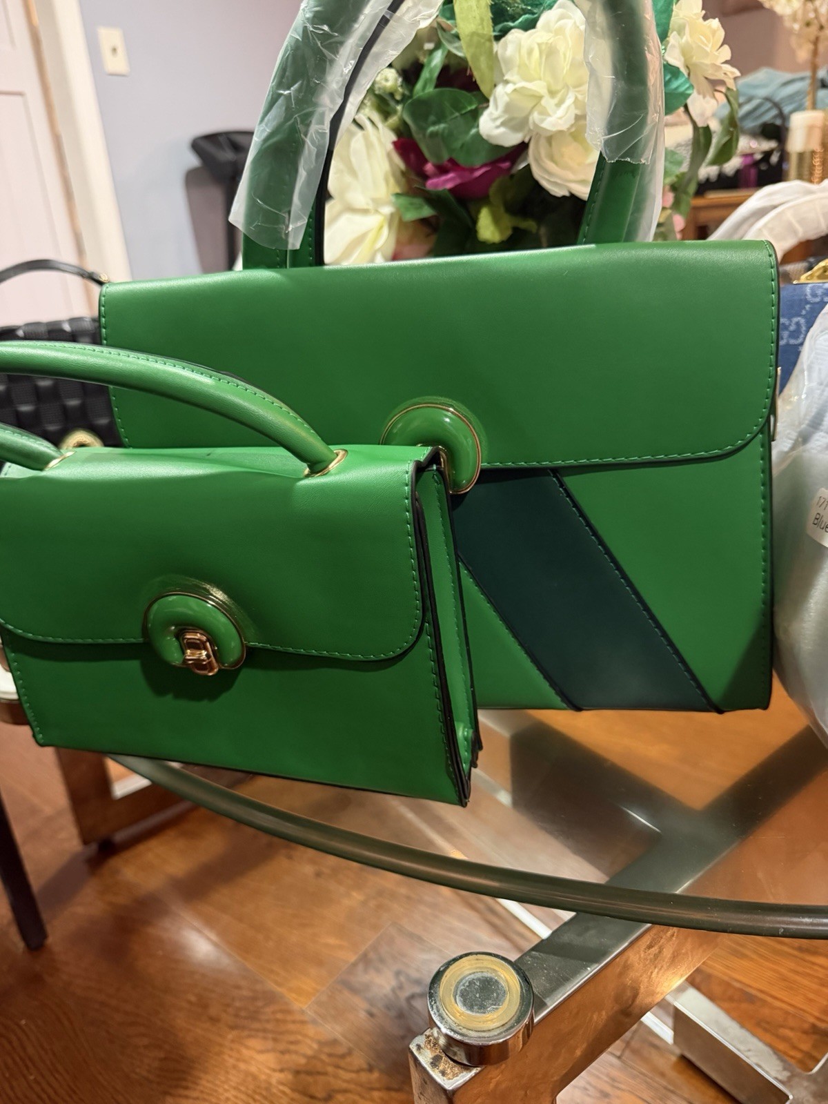 Women’s Green Colorblock Top Handle Satchel, Buckle Accent, Coin Purse