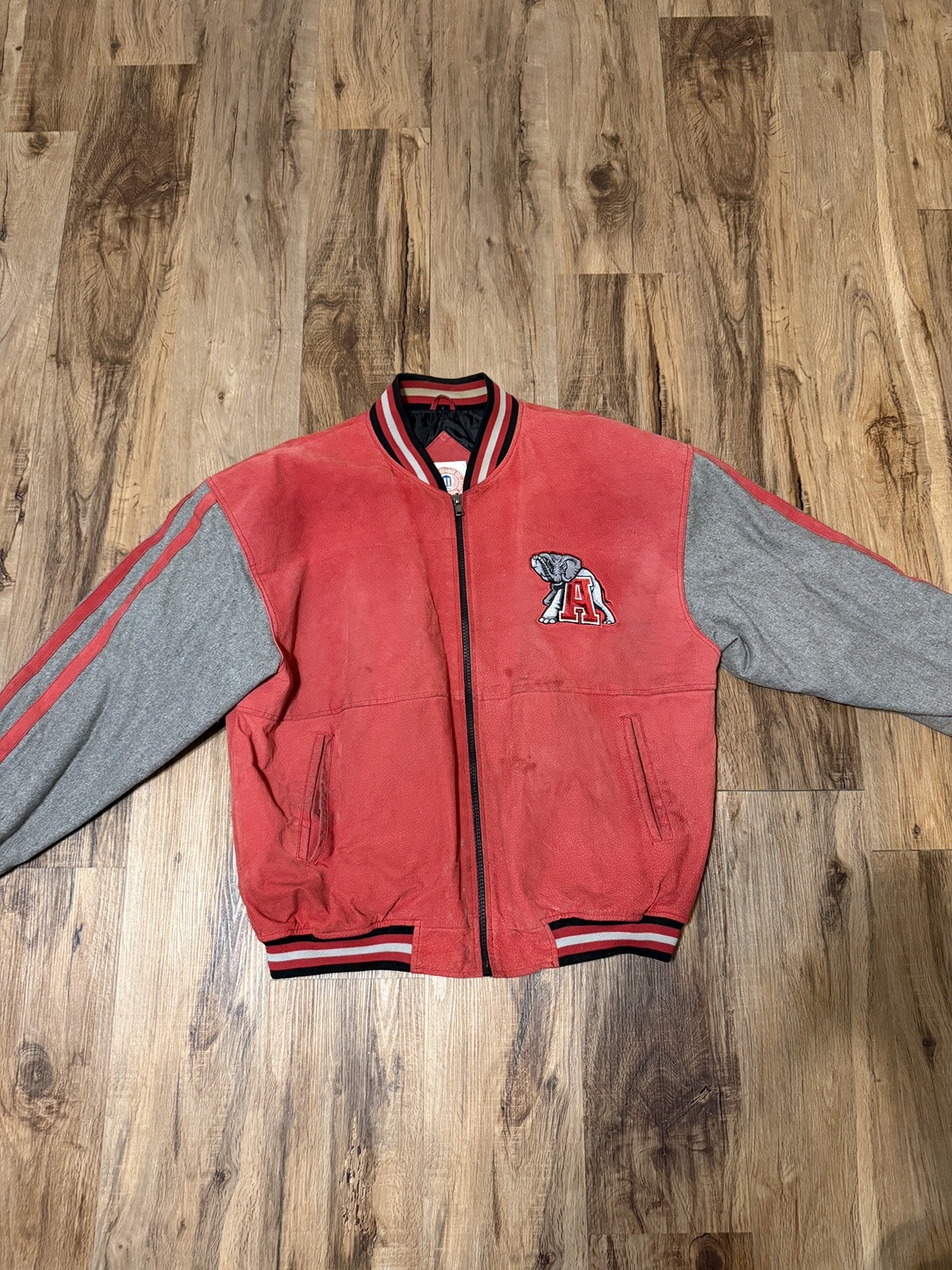 Alabama Large Leather Suede Quilted Bomber Jacket Red Gray Collegiate