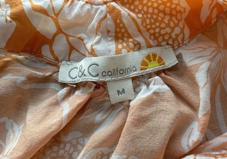 C&C California Blouse Womens M Orange Floral Tunic Bell Sleeve Boho Peasant