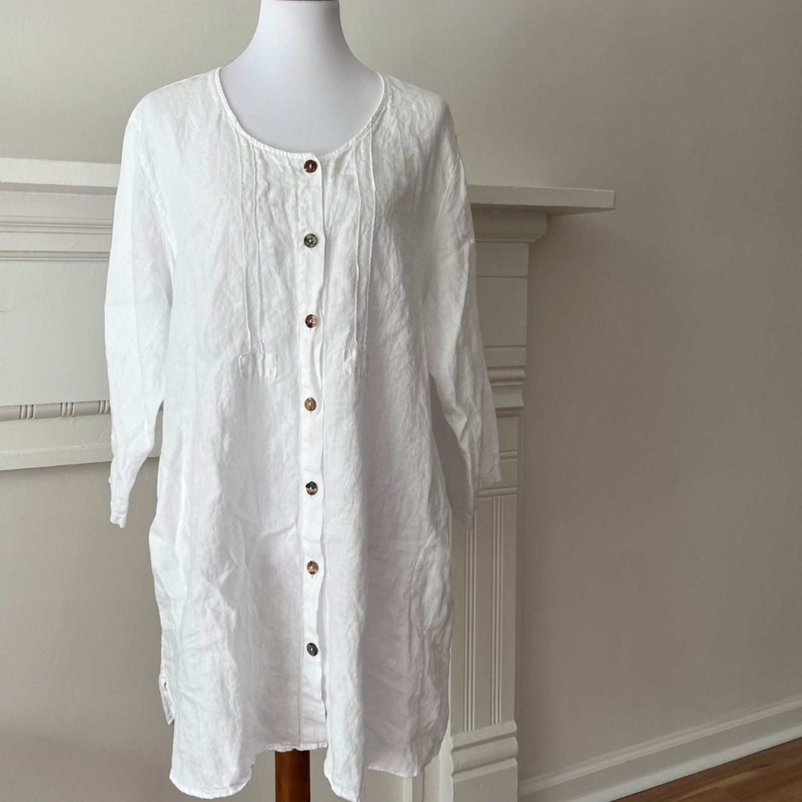 Plus Size Top Solid White Linen 1X Vintage Shirt Lagenlook Tunic Blouse Relaxed