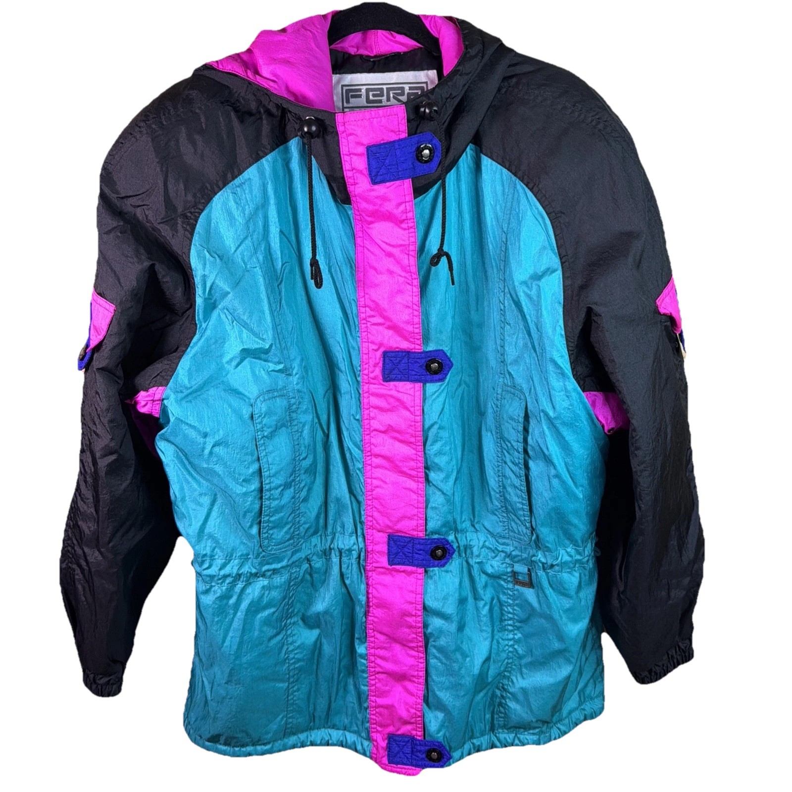 VTG FERA SKIWEAR Women’s Sz 16 Colorblock Zip Snap Pockets Hooded Jacket 90’s