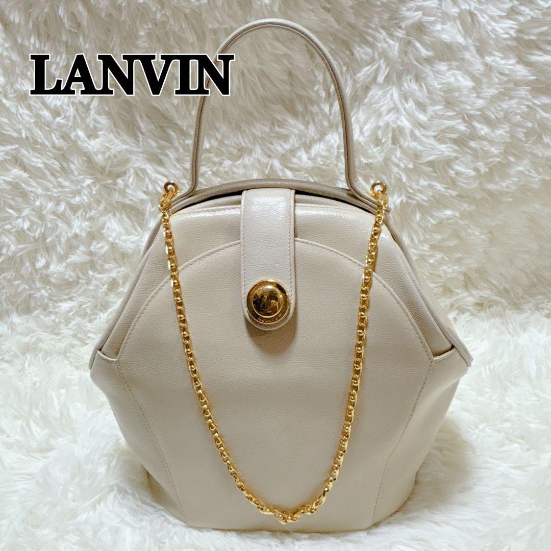 LANVIN Hexagon Handbag Purse w/Chain Leather in Ivory USED Good Condition