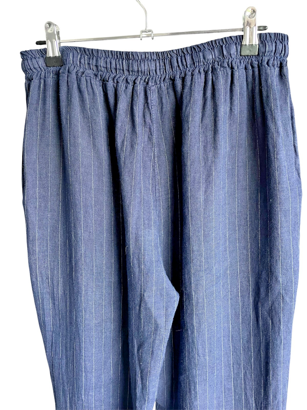 Sorbet Italy 100% Linen Pants L XL Blue Pinstripe Wide Leg Elastic Waist