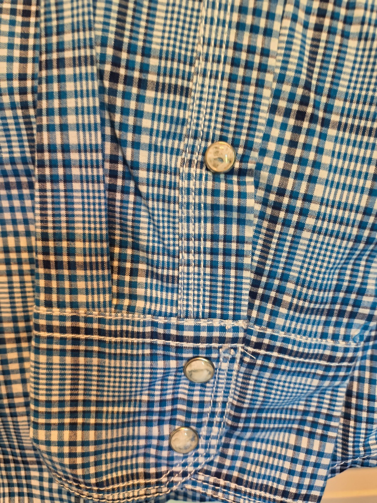Wrangler 20X Competition Advanced Comfort Plaid Snap Shirt Blue/White L Pockets