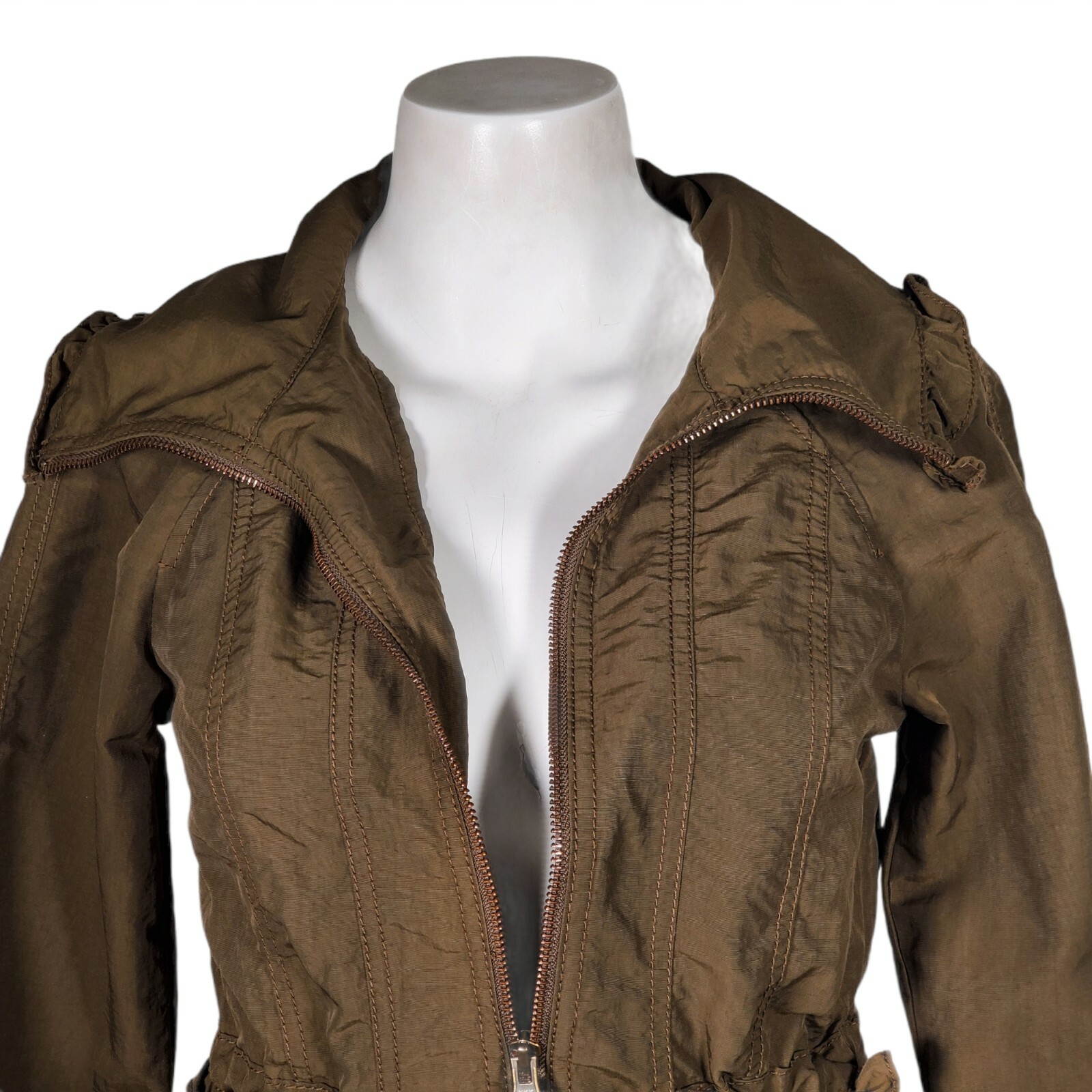 LOFT Bomber Jacket Coat Olive Green Army Ruffle Cinched Adjustable Wasit