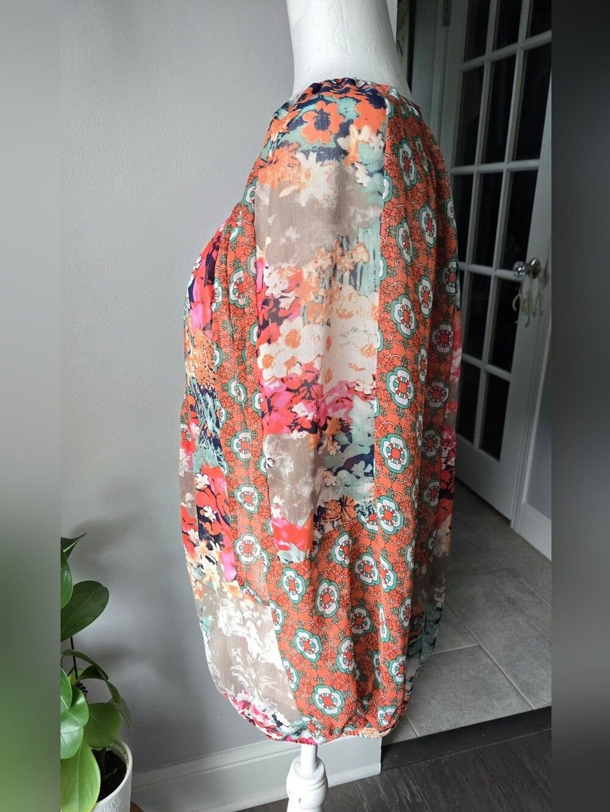 Fig & Flower Floral Mixed Print Boho Peasant Blouse Sheer Orange Size L
