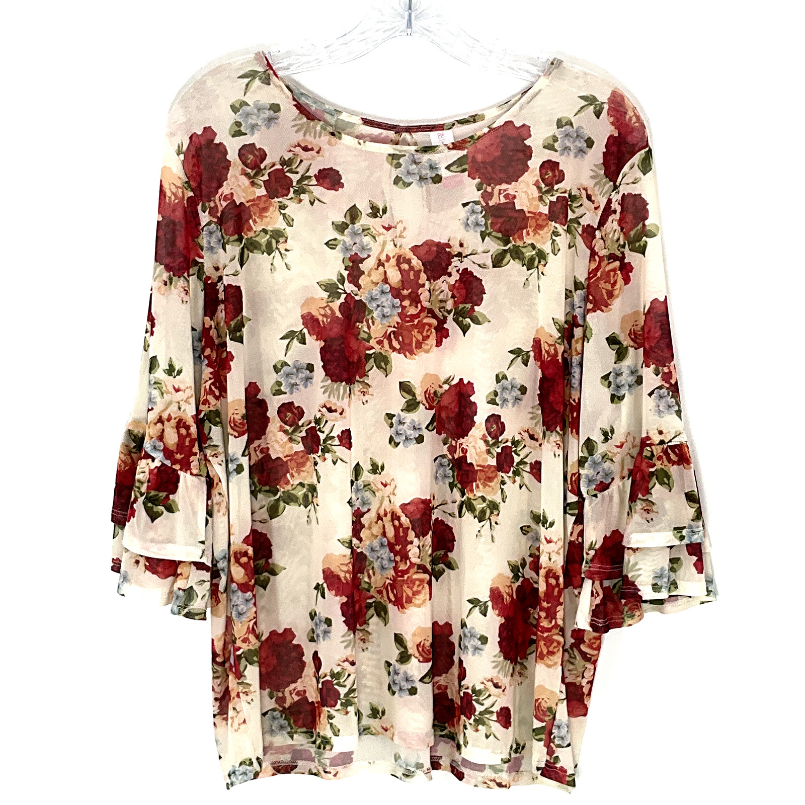 No Boundaries Top Women 3XL Floral Multicolor Mesh Semi Sheer 3/4 Sleeve Ruffle
