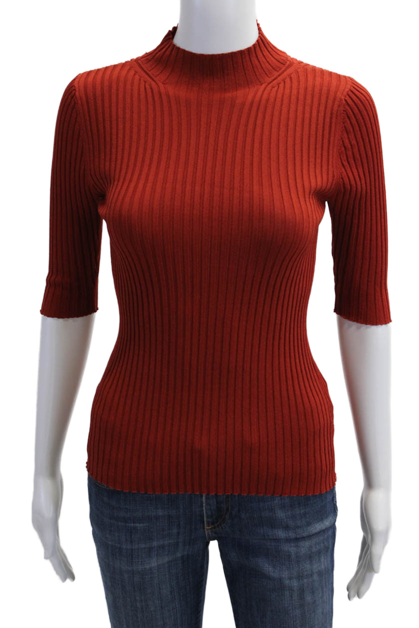 Veronika Maine Women Basic Red Striped Mock Neck Long Sleeve Top Size S
