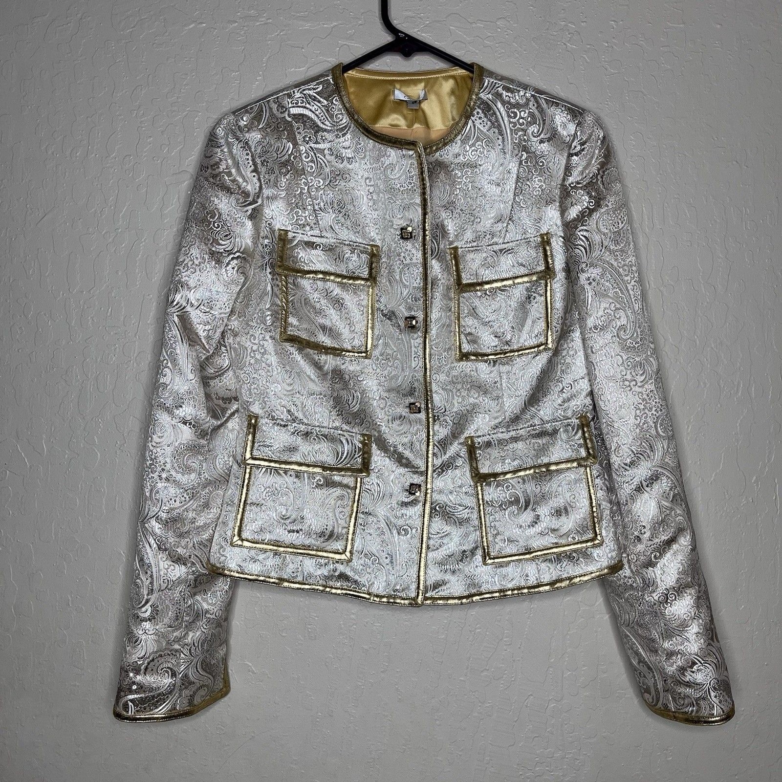 Cache Gold Silver Metallic Paisley Lined Rhinestone Button Jacket Women’s Size 6