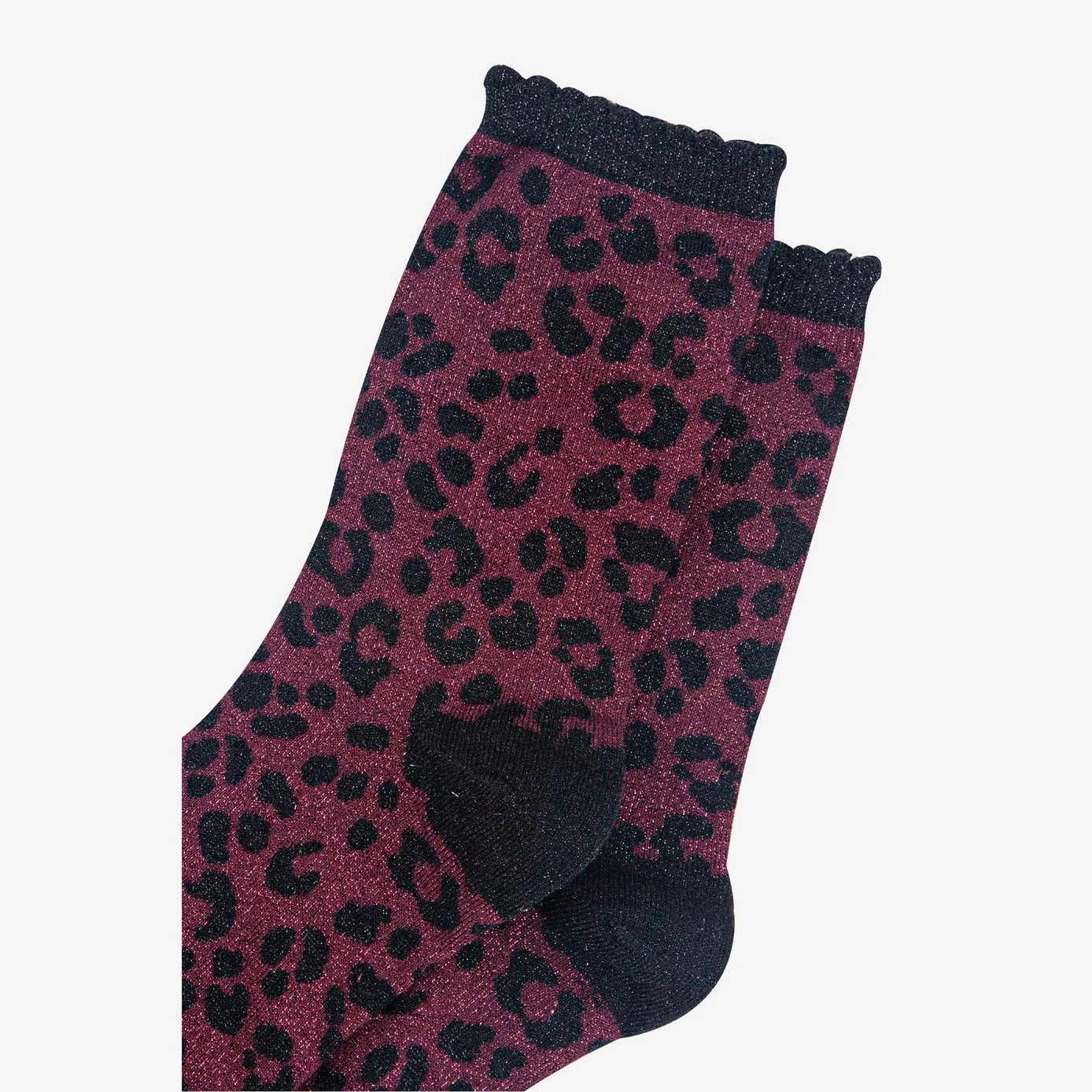 Sock Talk FRILL Ankle Socks – glitter berry red & black leopard print sparkly