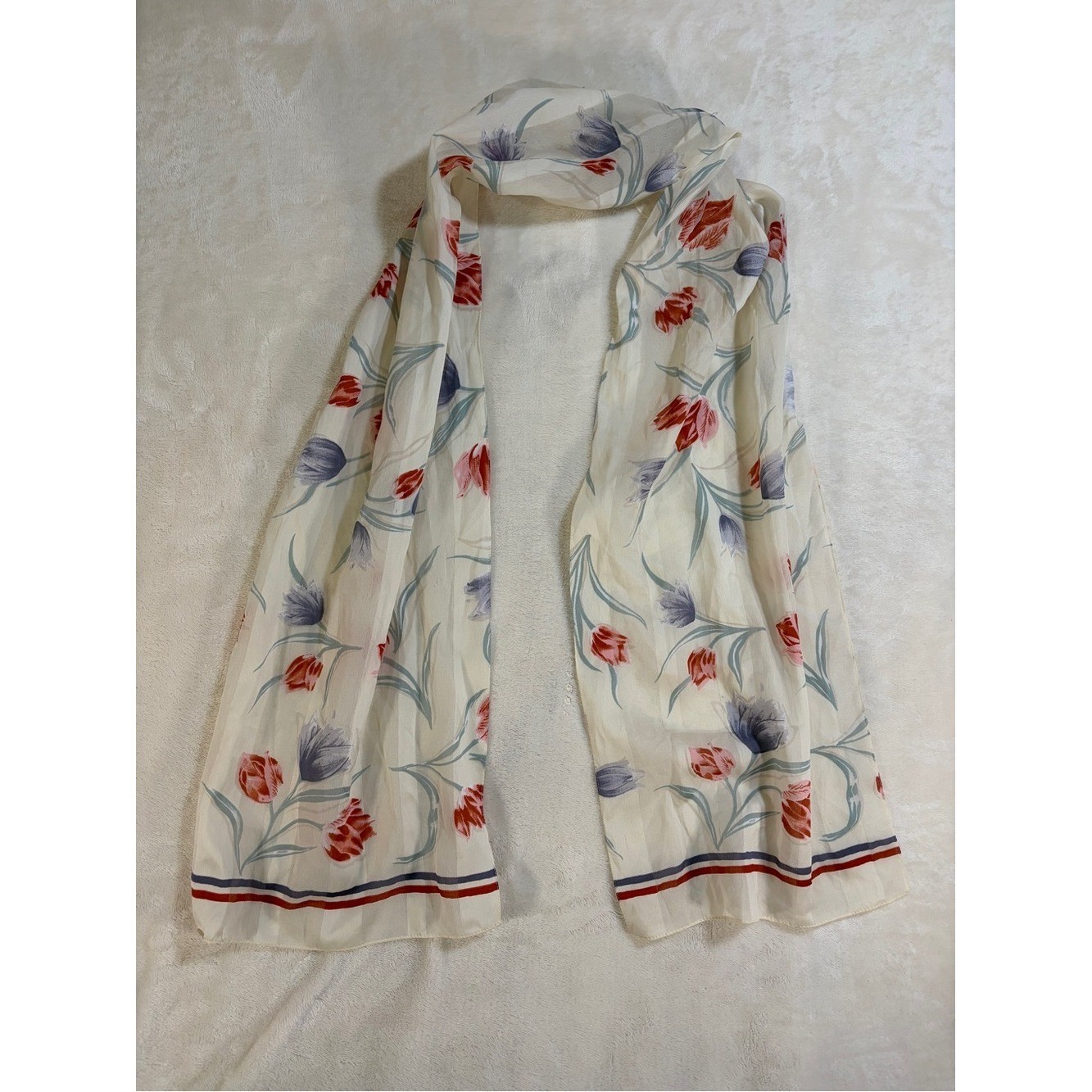 Source Unknown Cream Scarf with Red & Lavender Floral Print – Made in Italy