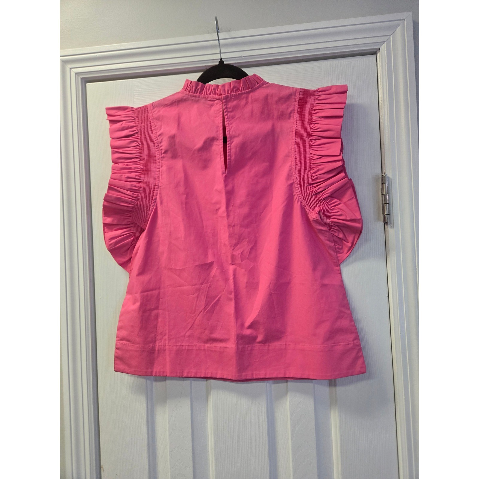 English Factory Hot Pink Ruffle Smocked Cap Sleeve Cotton Poplin Top S Barbiecor