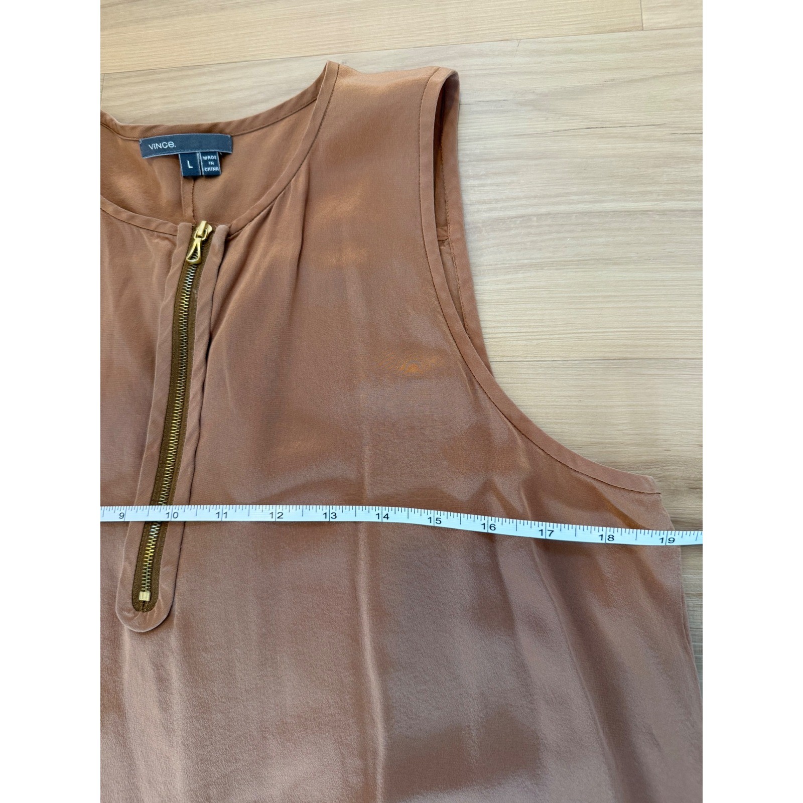 Vince 100% Silk Sleeveless Blouse Brown Zip Neck Tunic Tank Top Quiet Luxury – L