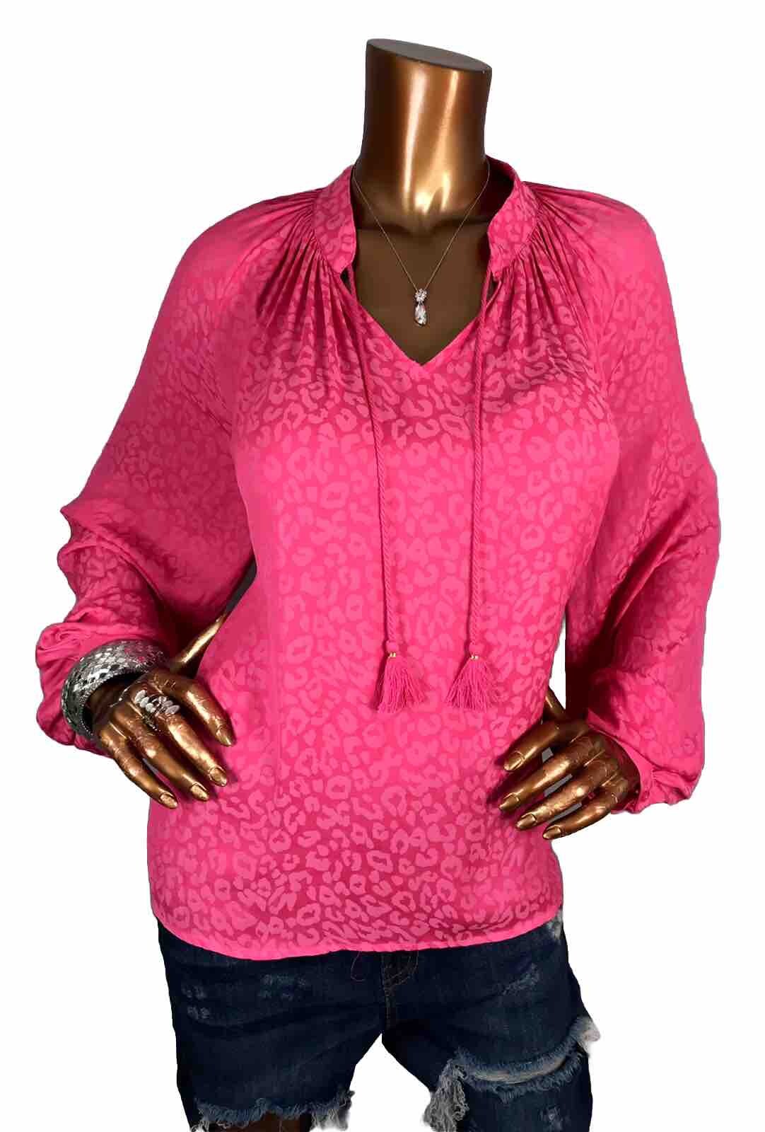 Crown & Ivy P XL Top Animal Prints Pink Soft Blouse Shirt Long Slvs Tie Strings