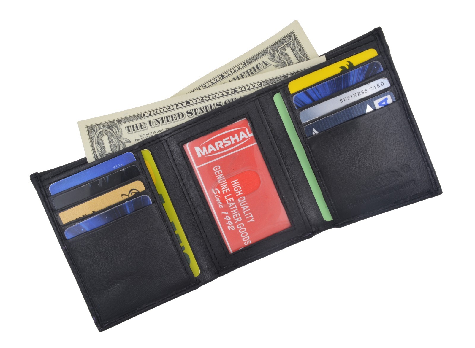 MARSHAL Genuine Leather Men RFID Credit Card slots Trifold Wallet, Black