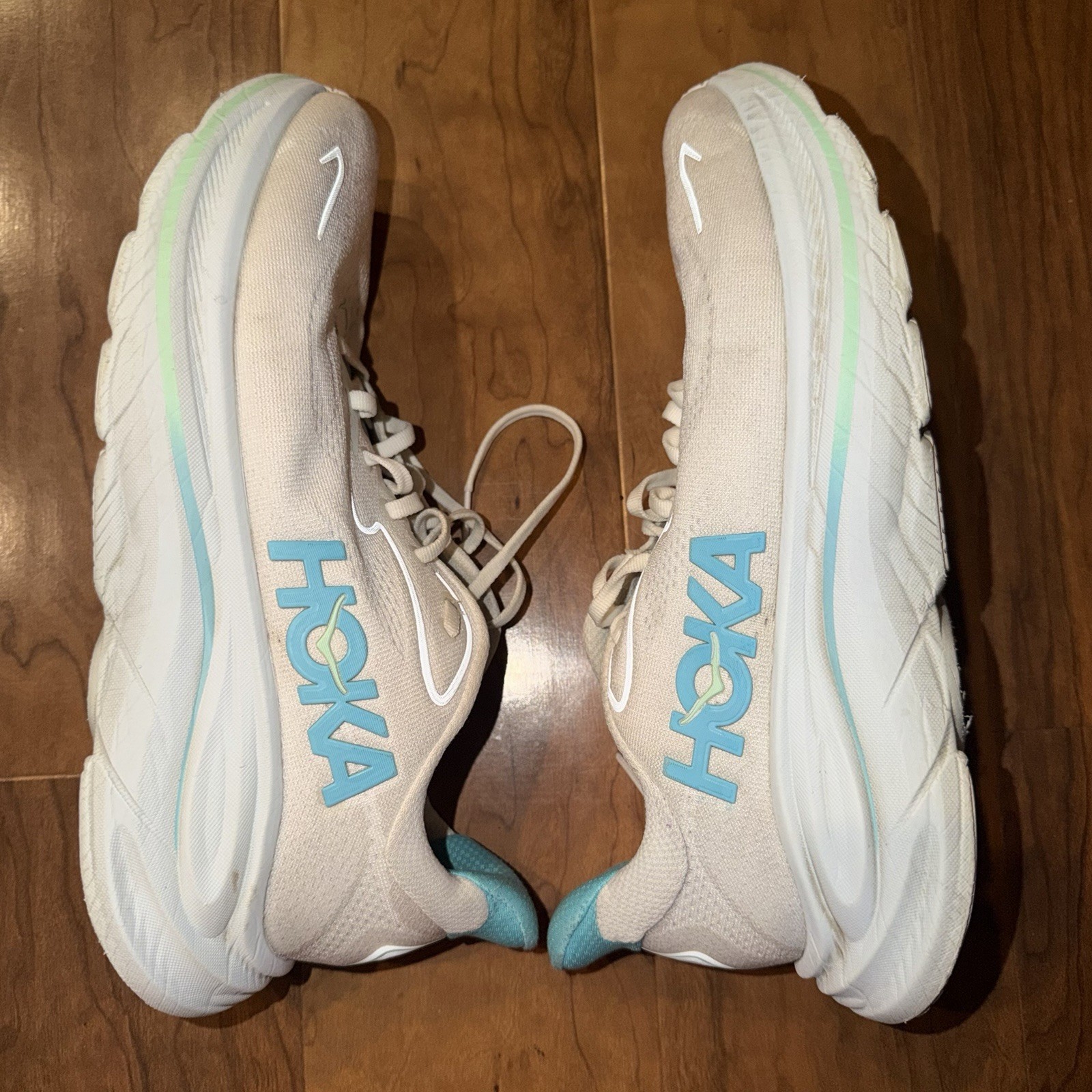 HOKA White/Blue Mesh Lace Up Low Top Athletic Running Sneakers