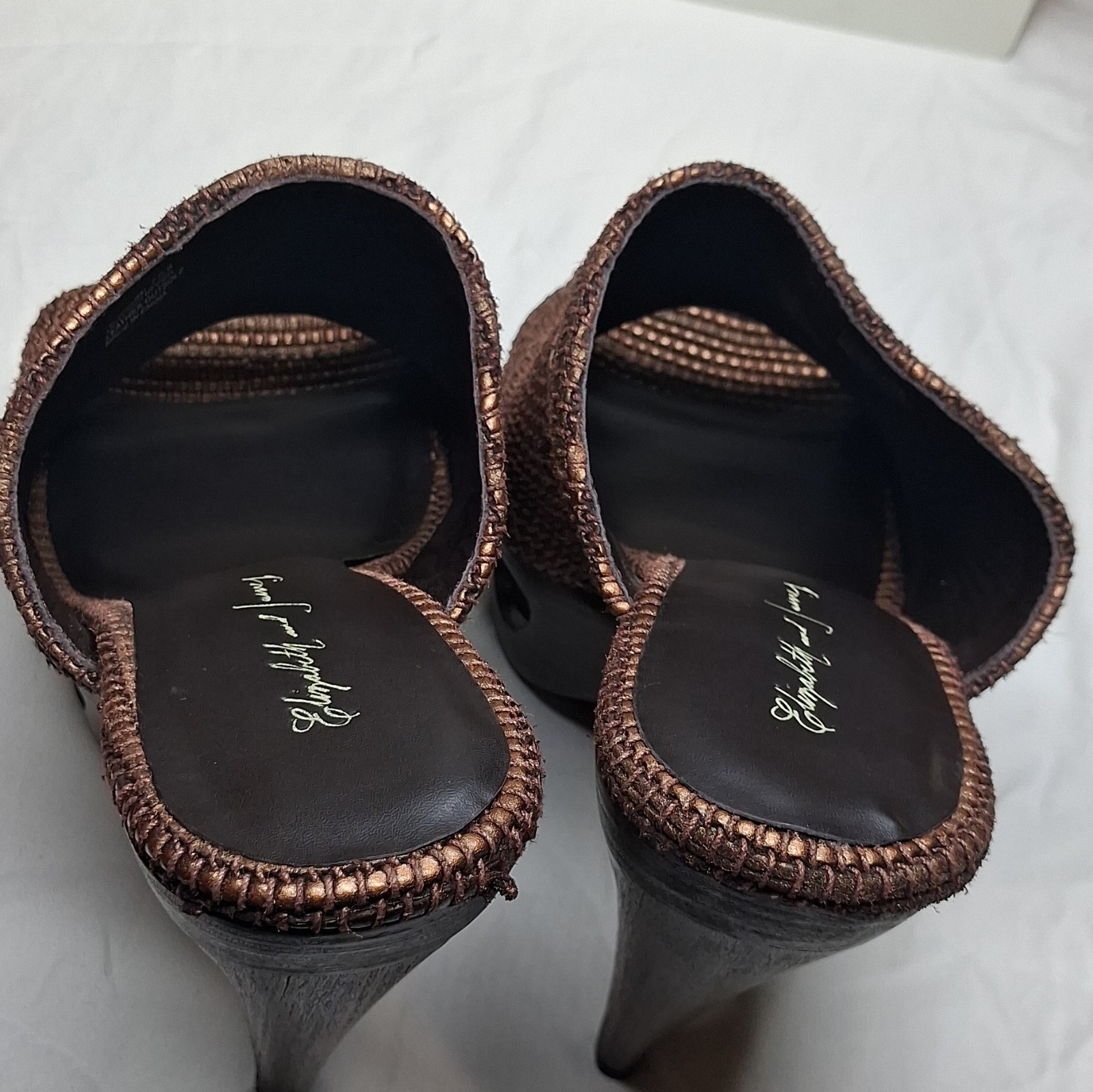 Elizabeth and James Bronze Leather Woven Platform Mule Open Toe Stiletto 7.5