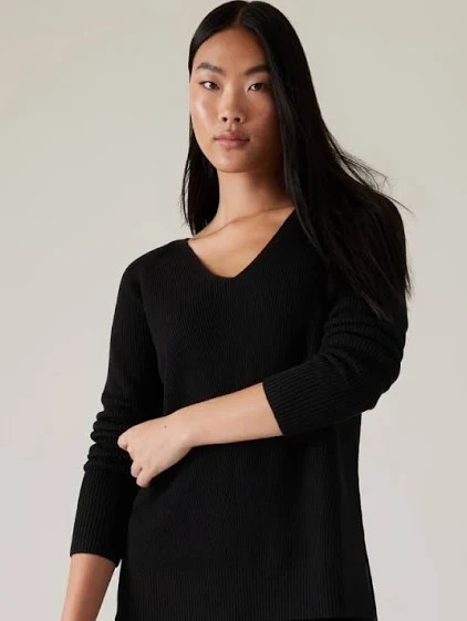 ATHLETA Hanover V- Neck Sweater Small BLACK Ribbed Womens NWOT