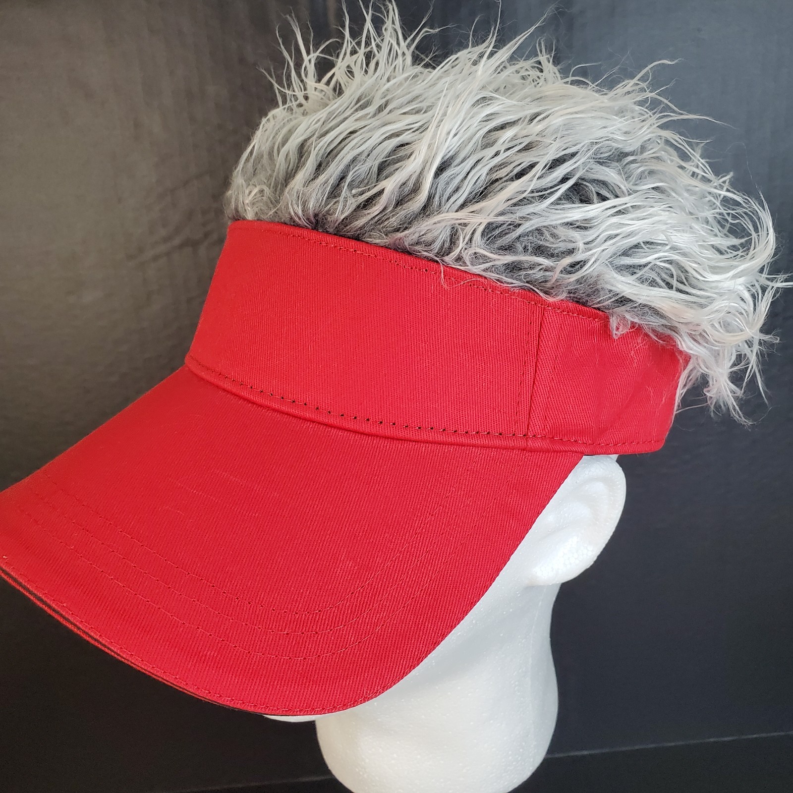 Novelty Hair Red Visor Sun Cap Wig Peaked Baseball Hat with Spiked Gray Hair