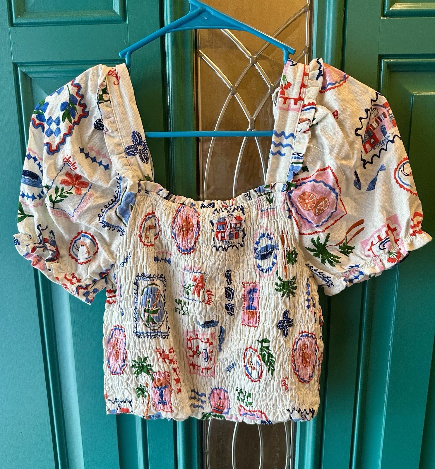 Monteau Novelty Stamp Print Smocked Puff Sleeve Crop Top Italy Resort Linen M